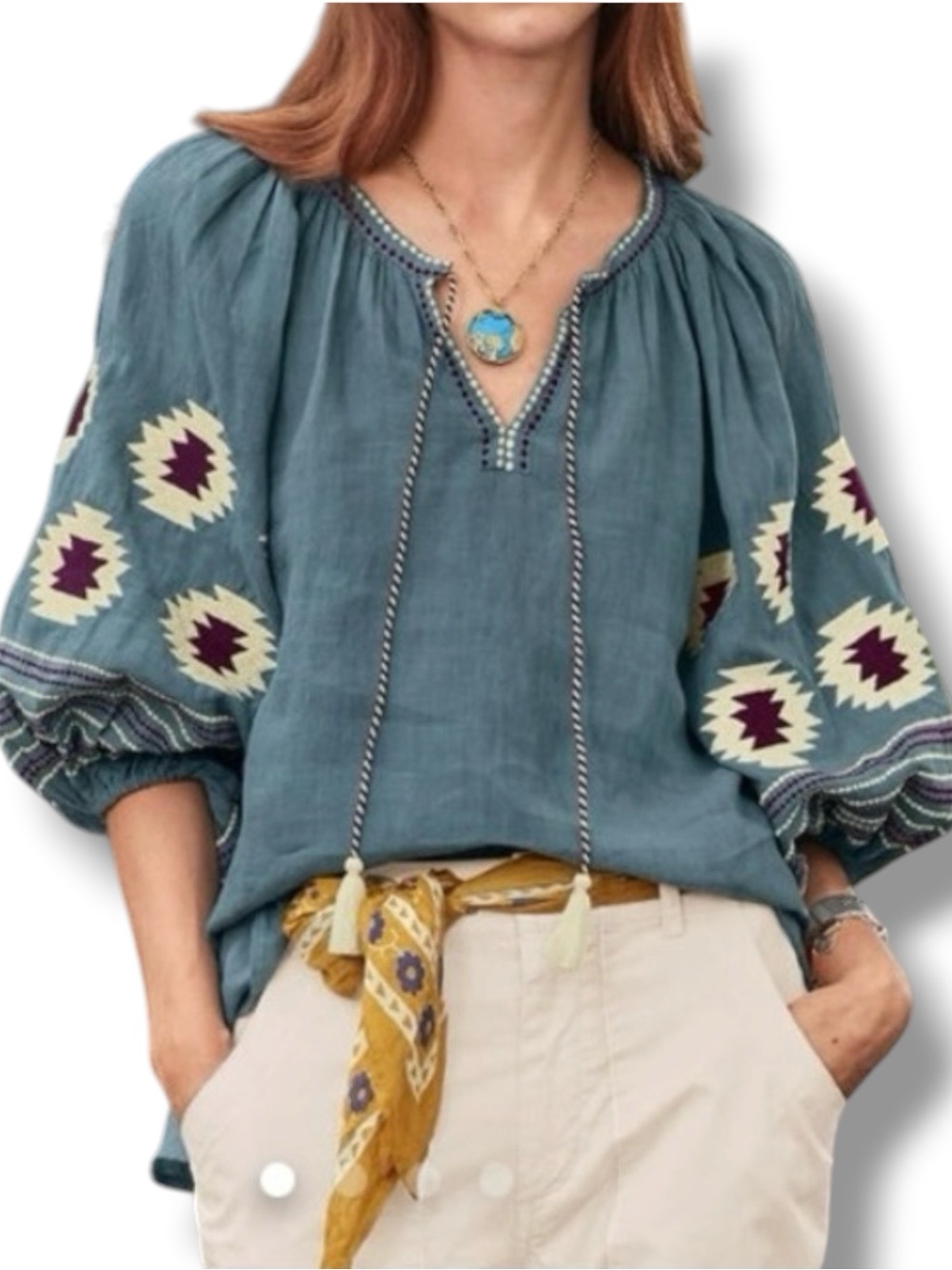 Benaras by Citrus Bellflower Linen Top Size Large